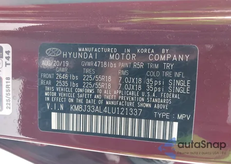 2020 Hyundai Tucson Ultimate z USA, uszkodzony, nr VIN KM8J33AL4LU121337